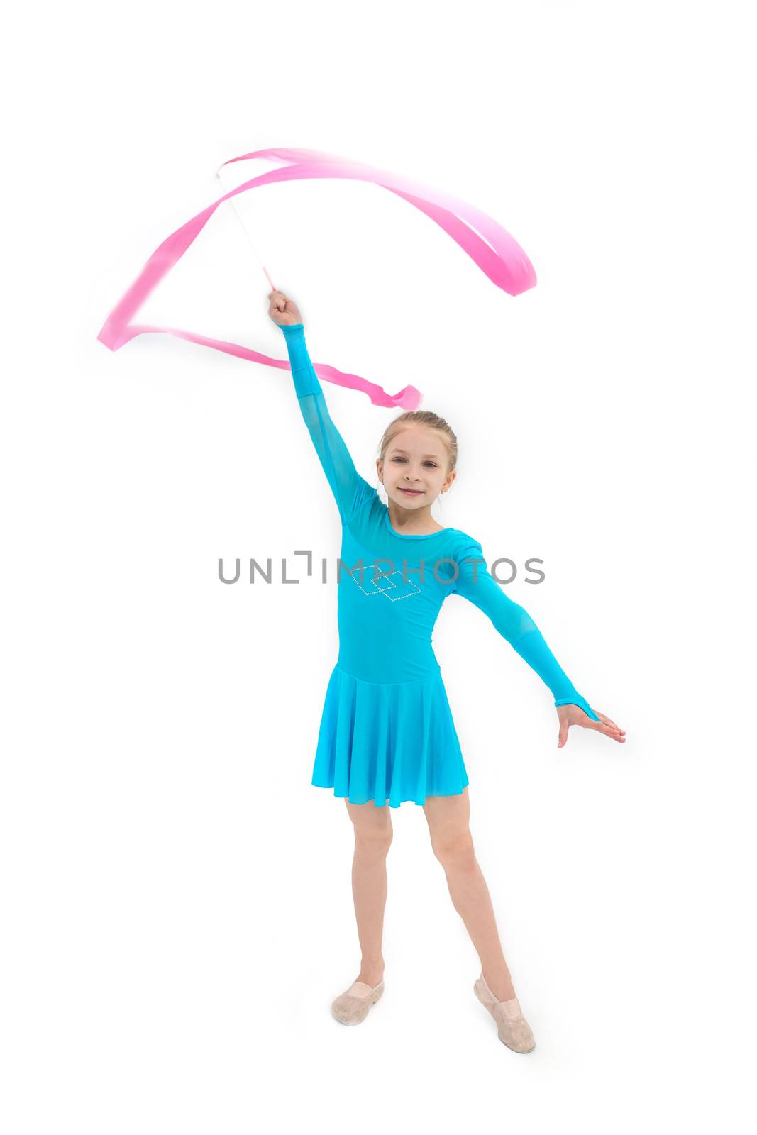 Young girl gymnast exercising with pink ribbon on white by Angel_a