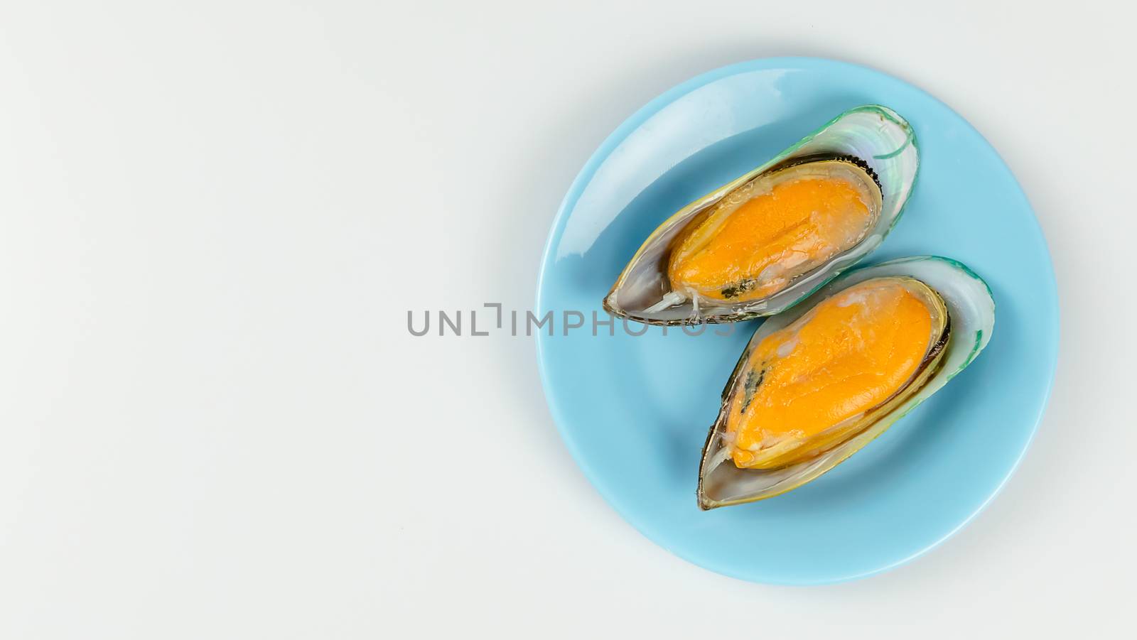 top view green mussel on blue plate over white background with copy space