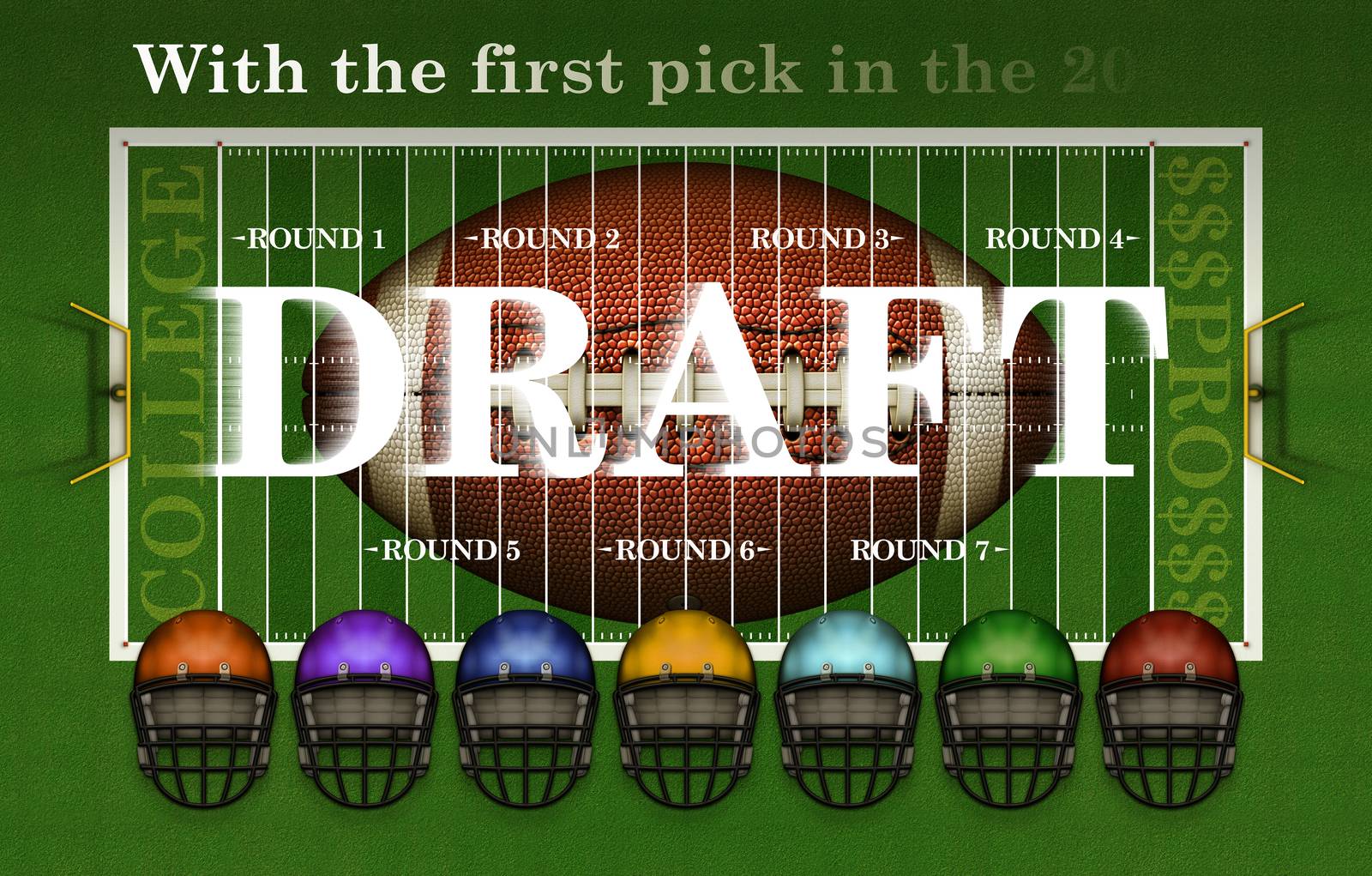Banner highlighting the College Player Draft for Professional American football with a football, the playing field, seven rounds, and seven differently colored helmets. 3D Illustration