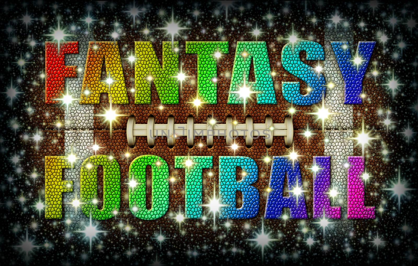 The words Fantasy Football created in rainbow colors on top of a Star Covered flattened Football. 3D Illustration