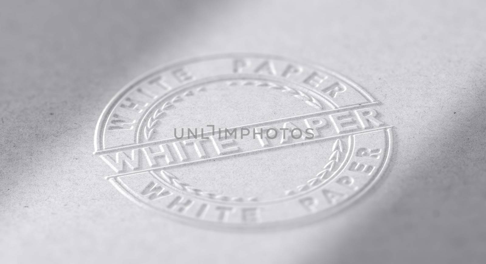 3D illustration of an embosed stamp with the text white paper. 