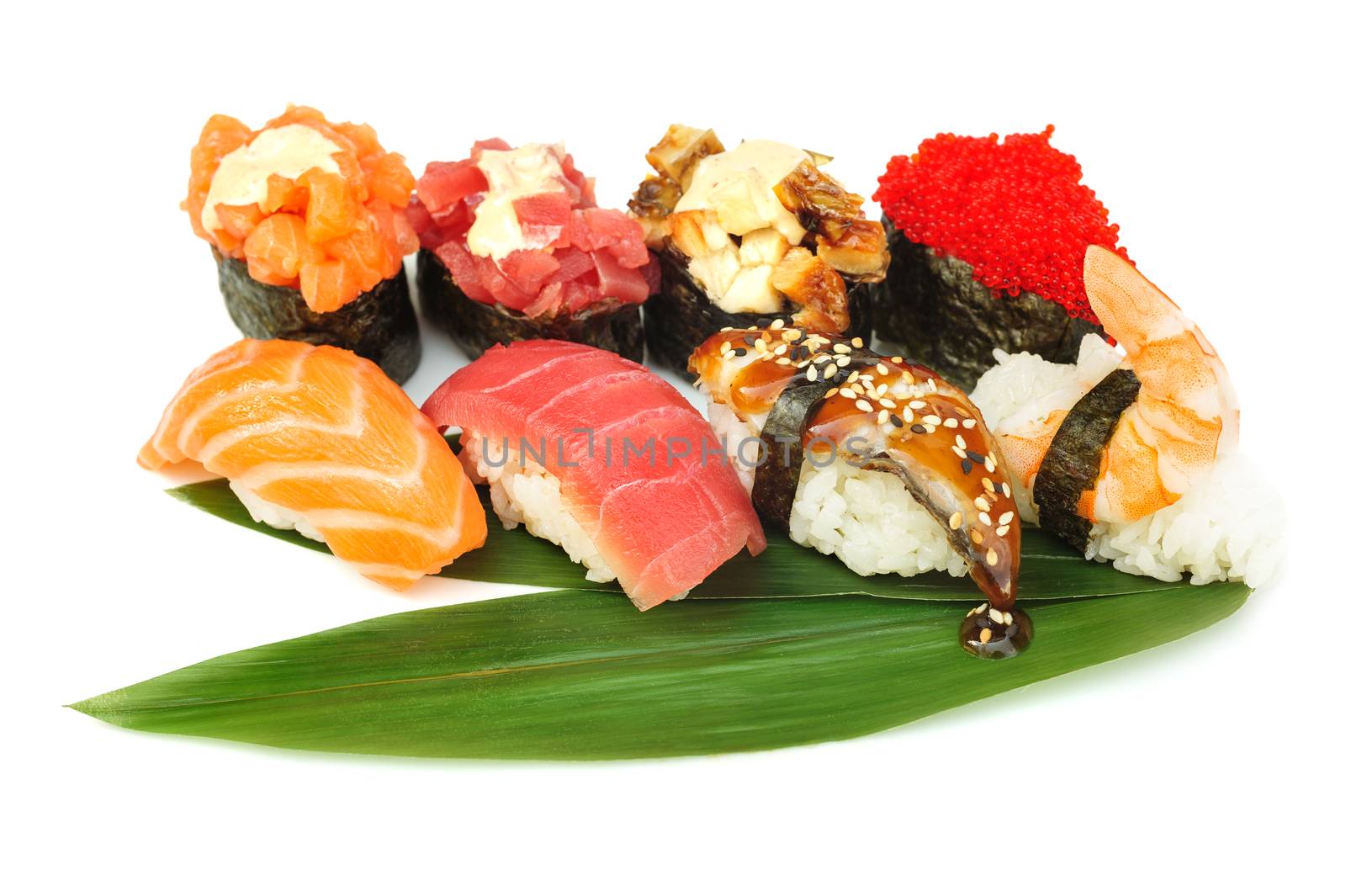 Sushi set assorrted rolls on solated on white background