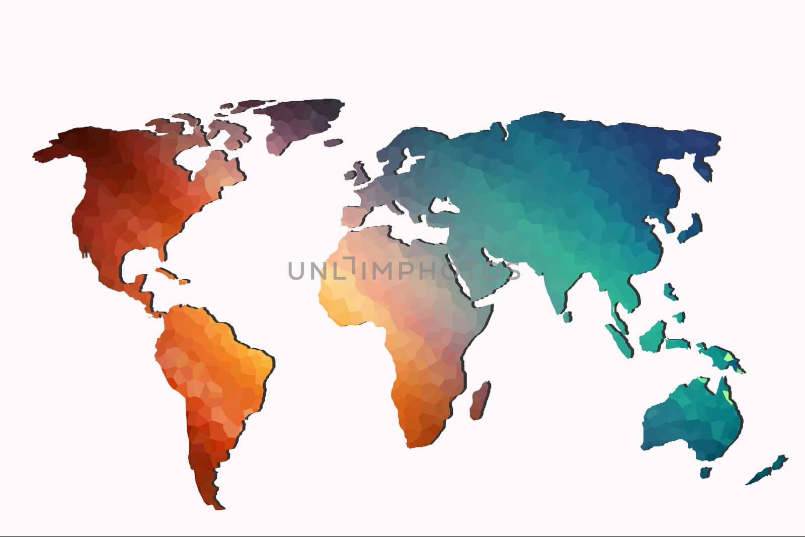 Roughly outlined world map with a colorful background patterns