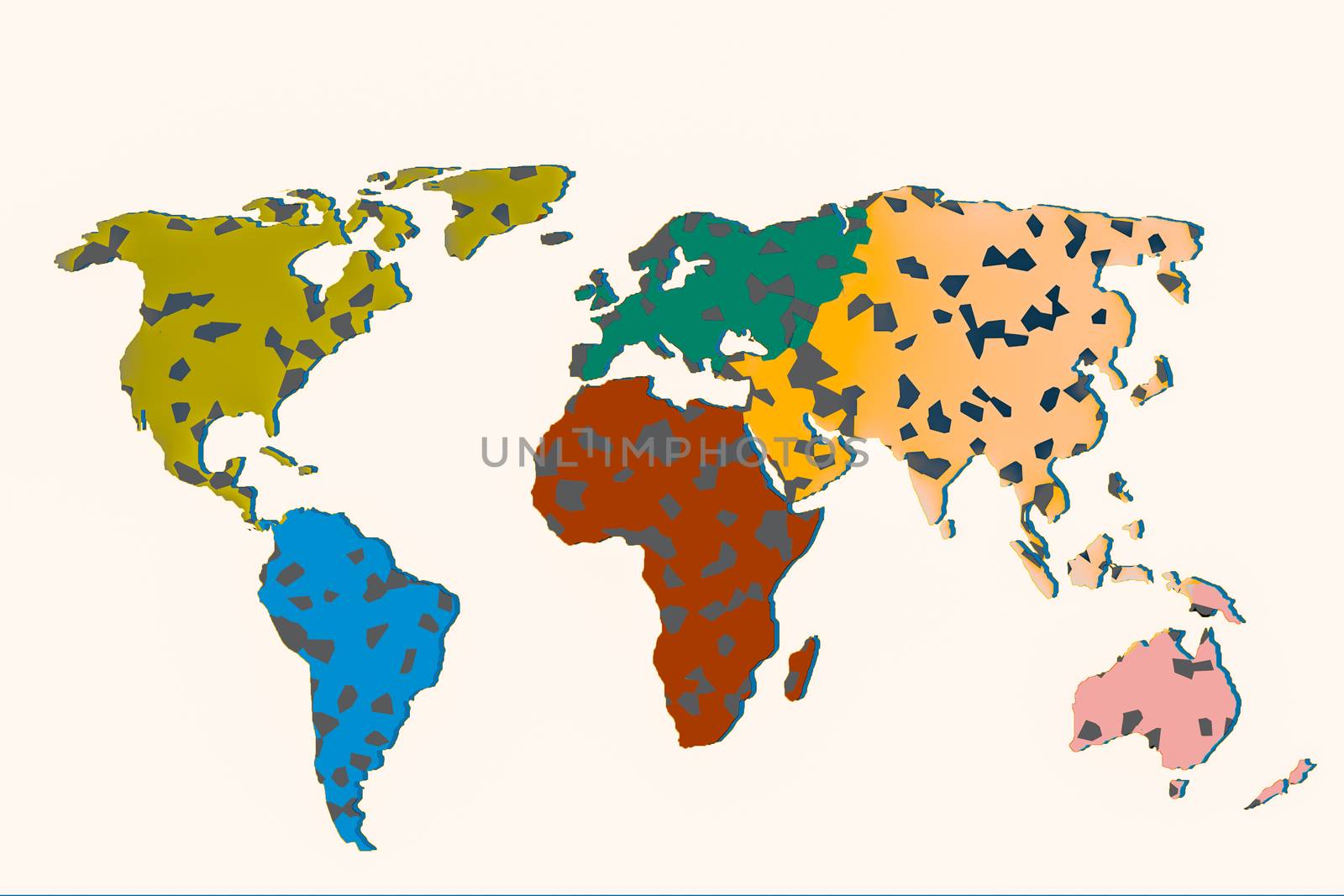 Roughly outlined world map with a colorful background patterns