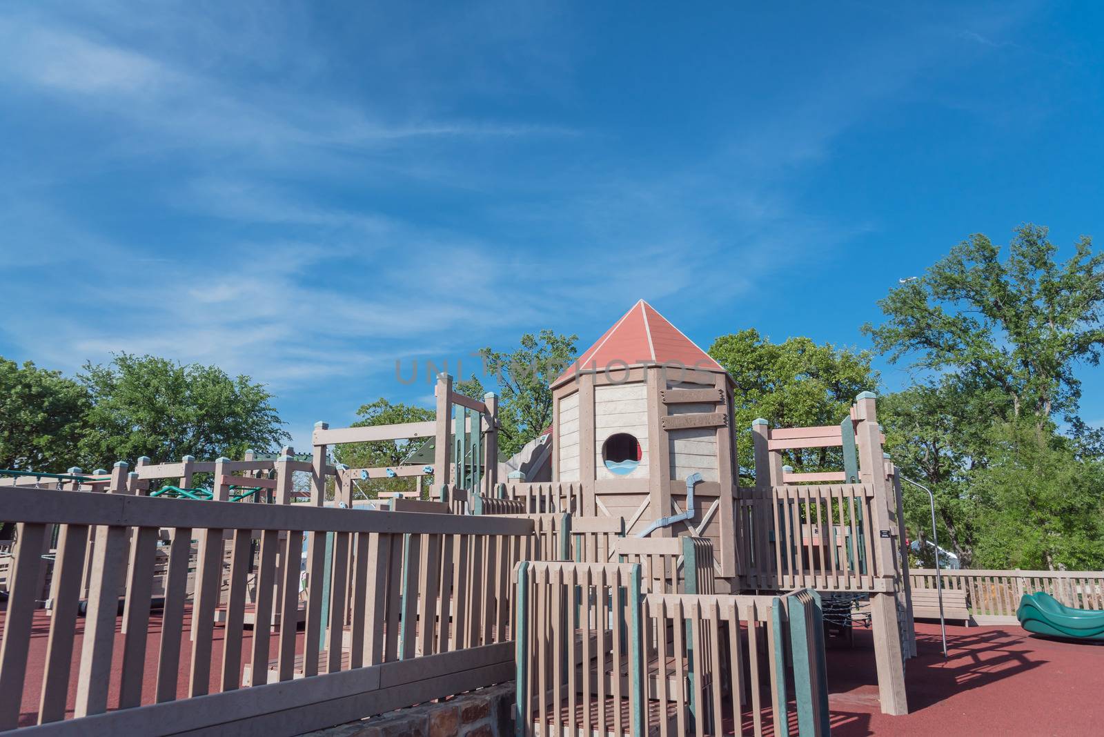 Castle-inspired structure, elaborate wooden playground near Dallas, Texas, USA