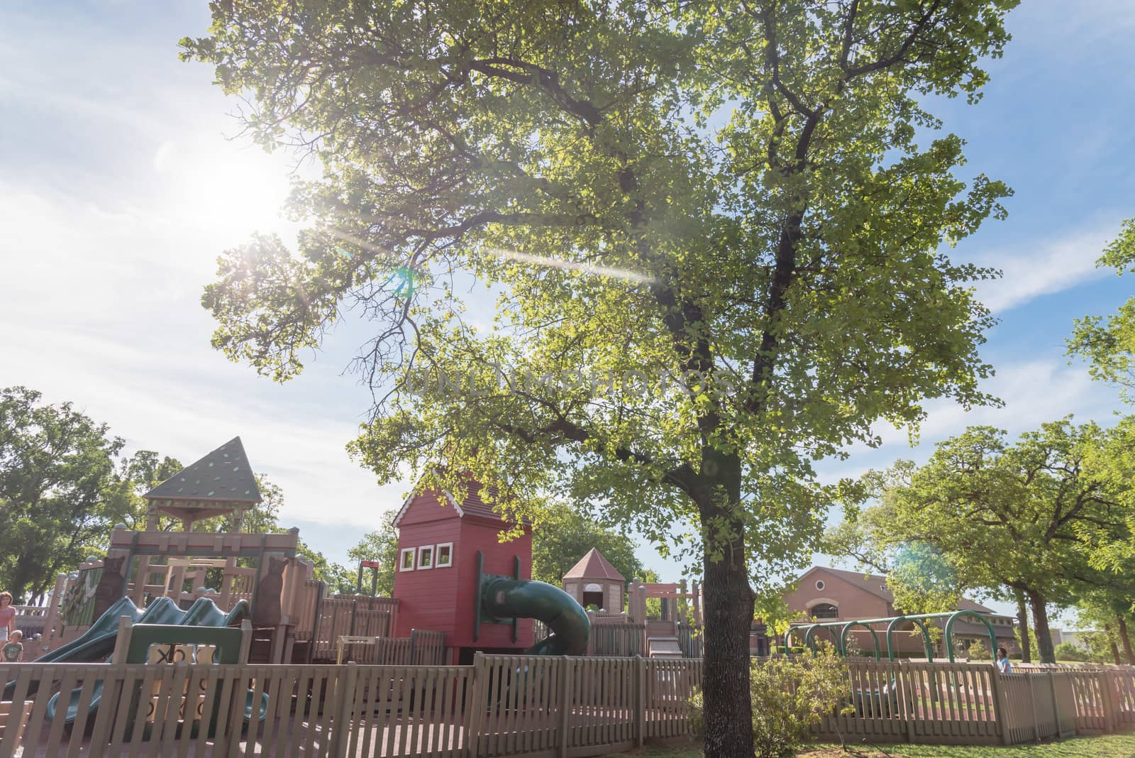 Beautiful wooden playground with fence and big tree at day time near Dallas, Texas, USA