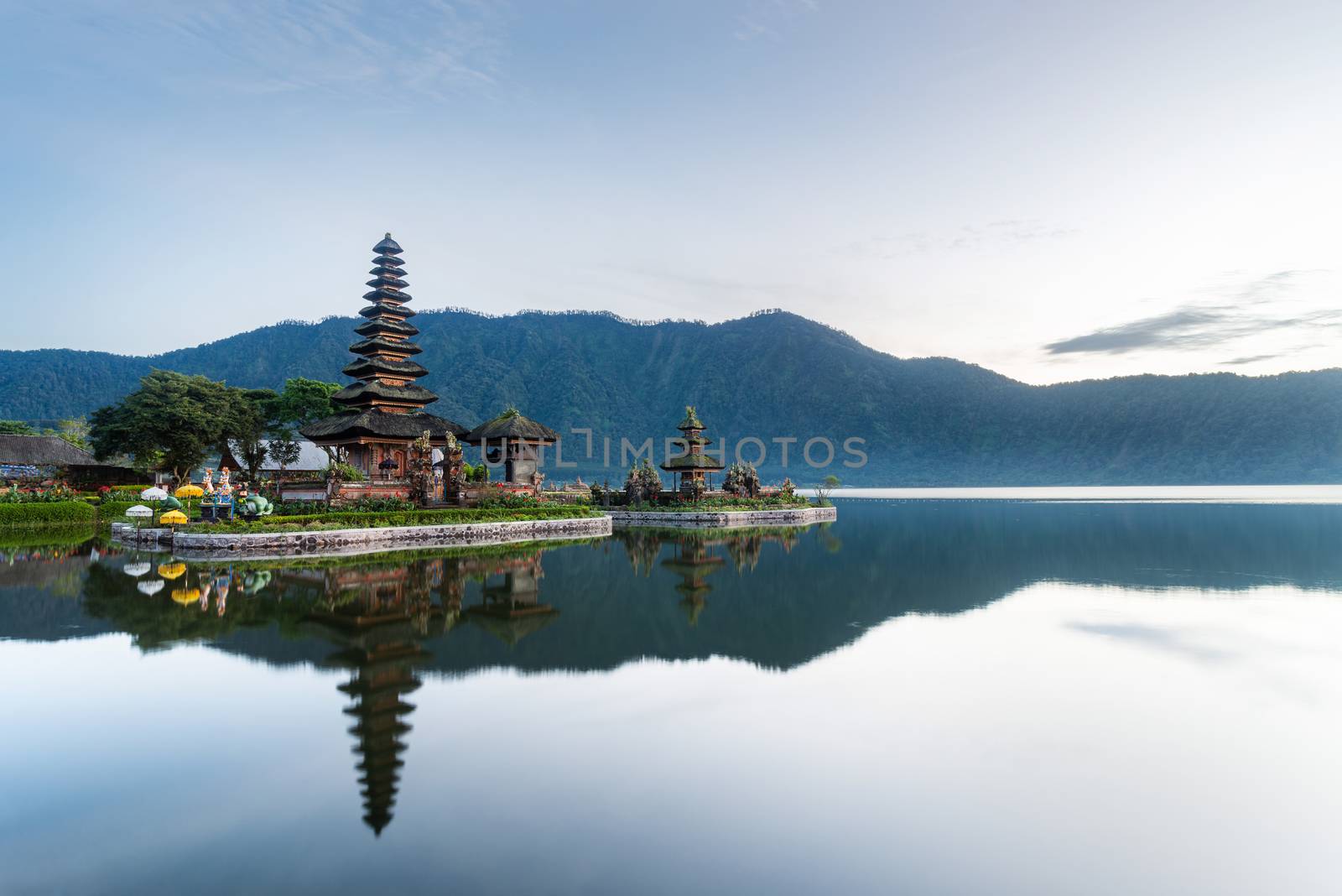 Pura Ulun Danu Beratan temple at sunrise in Bali, Indonesia