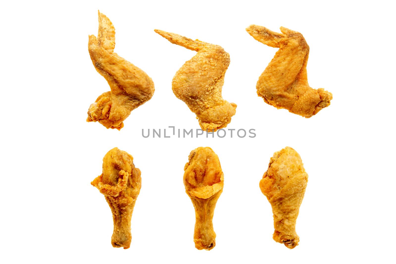 Original recipe fried chickens, isolated on white background.