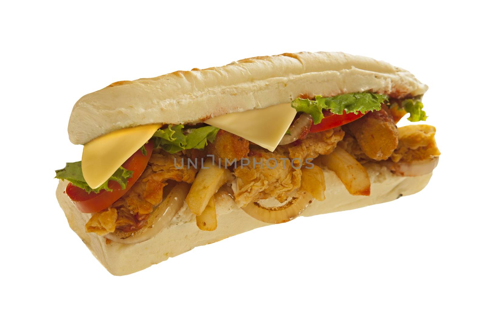 Mighty sub sandwich hoagie with mozarella sticks french fries lots of meat and veggies