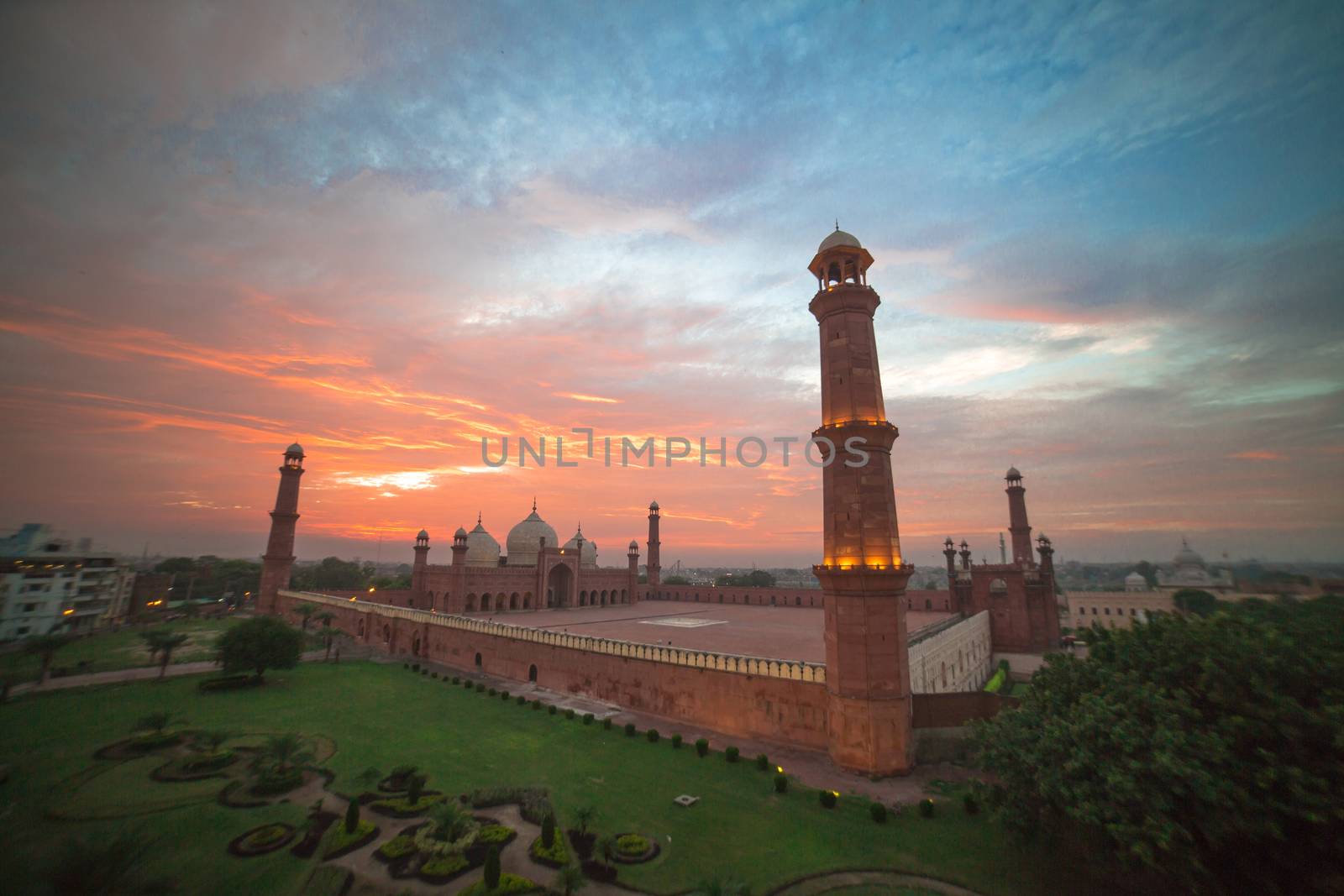 The Emperor's Mosque - Badshahi masjid wide angle full exterior at sunset