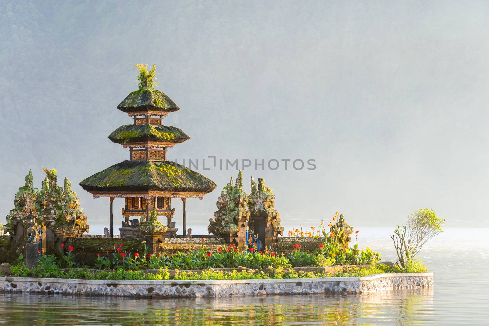 Ulun Danu Beratan temple smallest shrine at sunrise in Bali, Indonesia