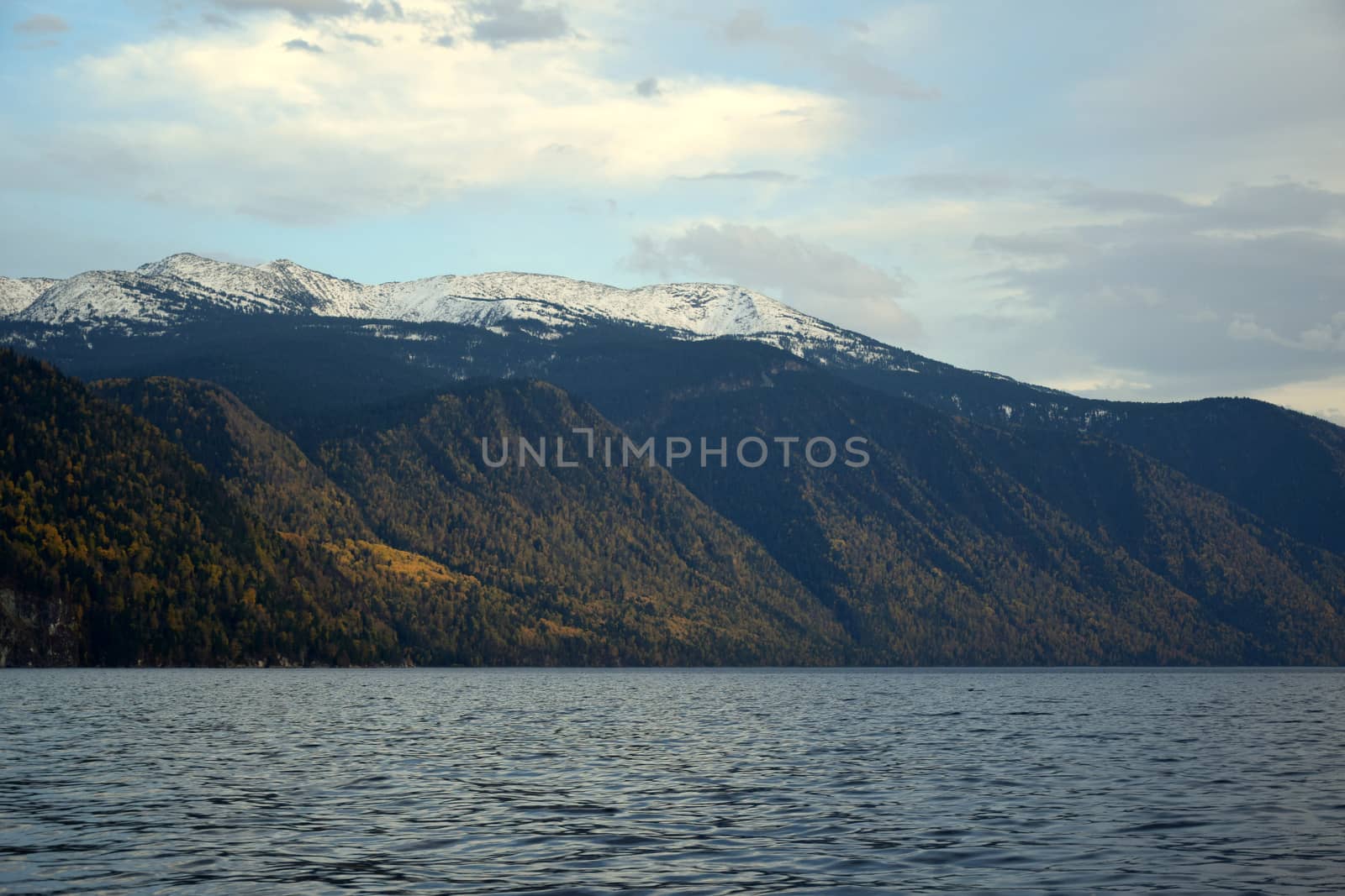 East rocky shore of Lake Teletskoye, cliffs covered with a beautiful forest. The picture was taken on an autumn day, with natural light.