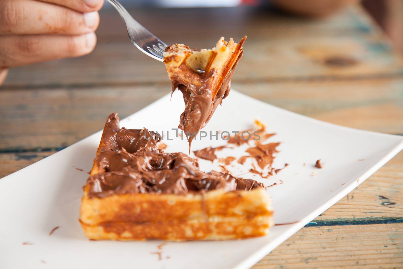 Nutella waffle bite with fork 