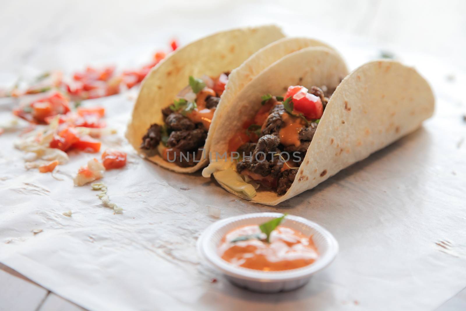 Mexican steak beef tacos with dip condiments