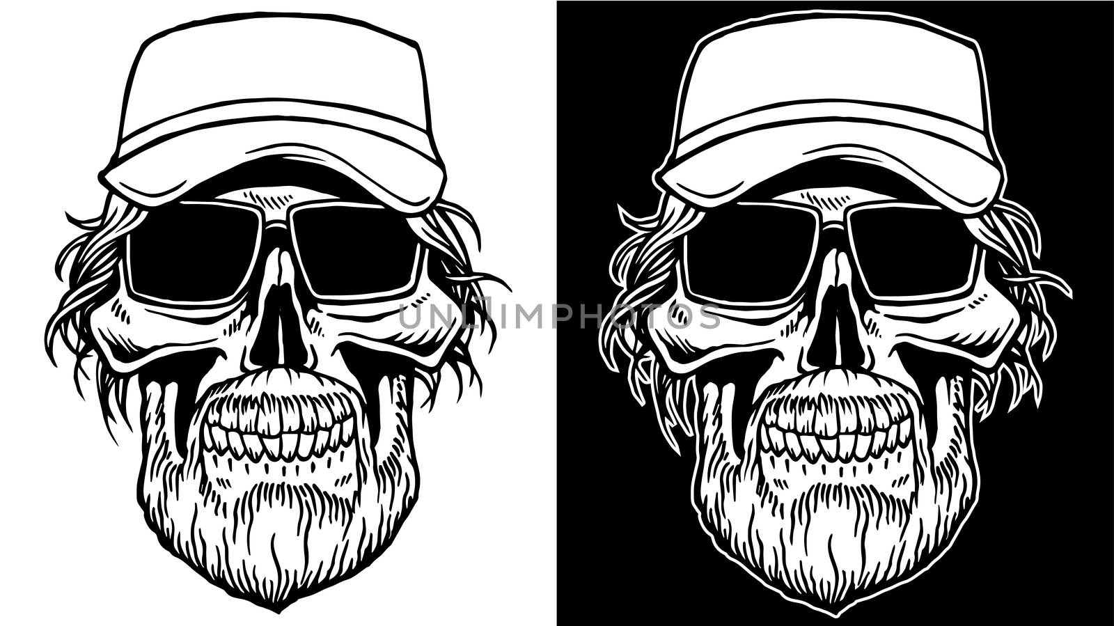 Black and White Line art of Skull with beard and sunglasses biker