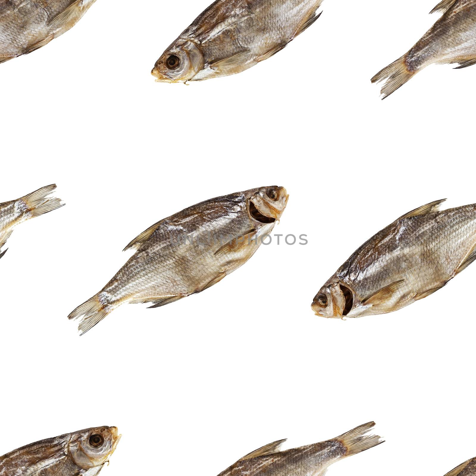 Dried and salted fish seamless pattern isolated on white background with clipping path
