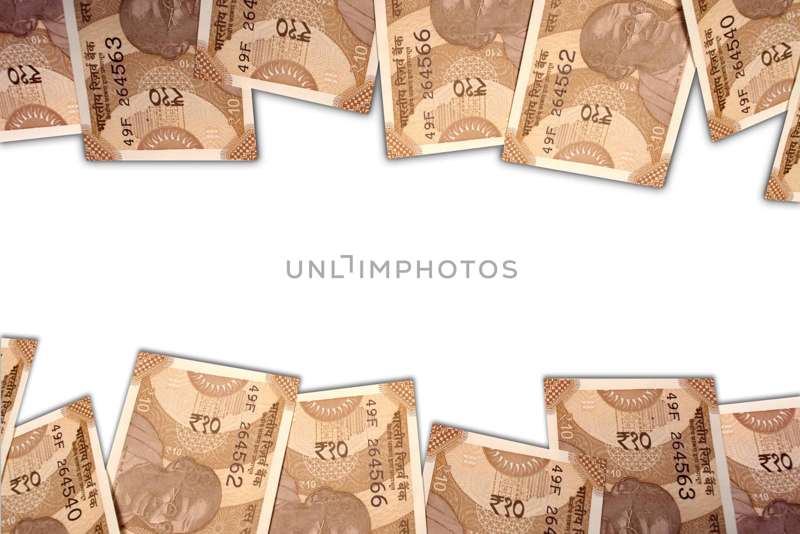 New Indian 10 rupee notes on white isolated background