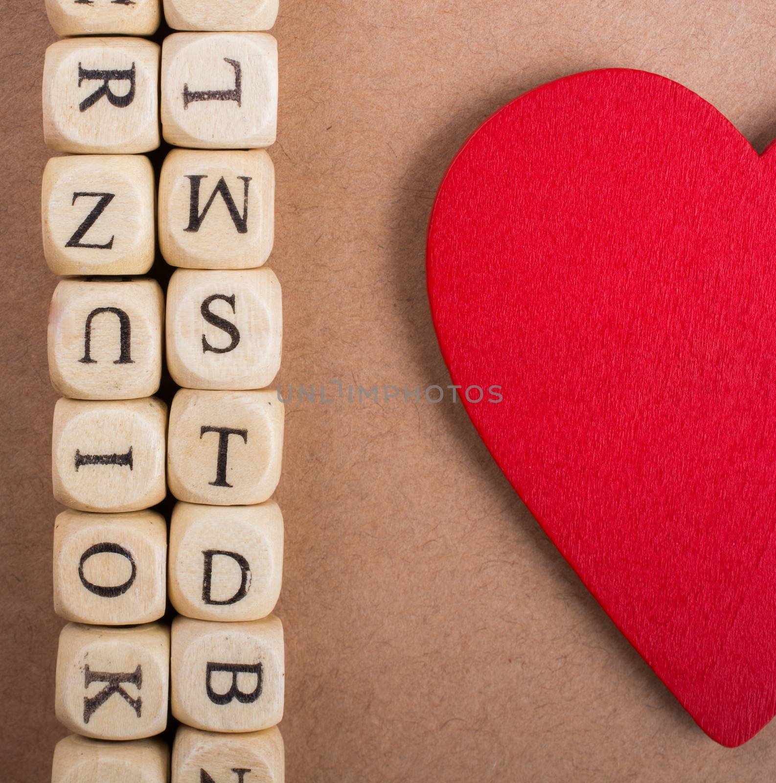 Red Love icon and Letter cubes of made of wood