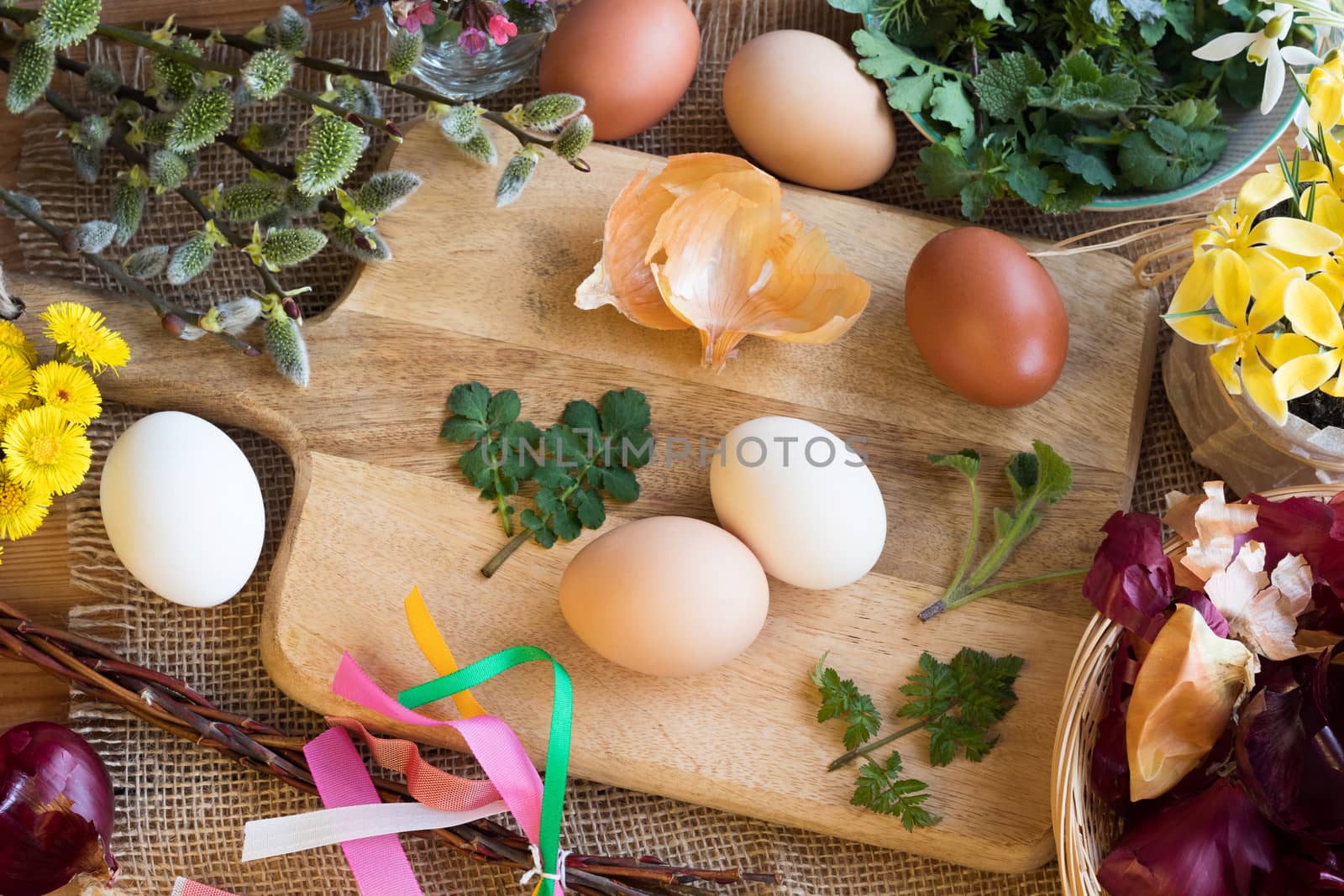 Preparation of Easter eggs for dying with onion peels: eggs, onion peels, and fresh herbs on a table