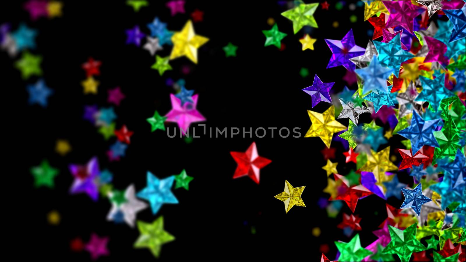 Glistening colourful glossy glass stars on the dark backdrop for any celebration or festive background, looks as luxury brilliants, rubies, sapphires and other gems