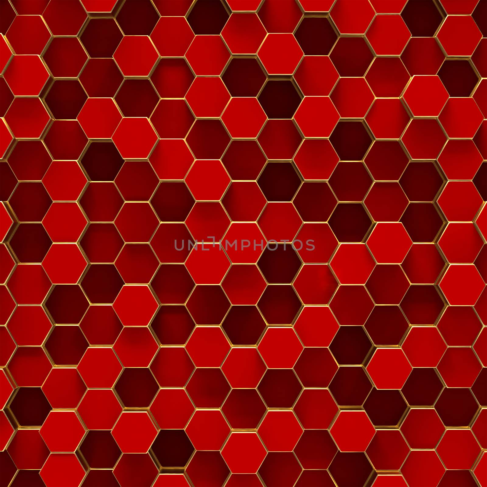 Abstract minimalistic modern technological background with red hexagon cells and gold frames of honeycombs.