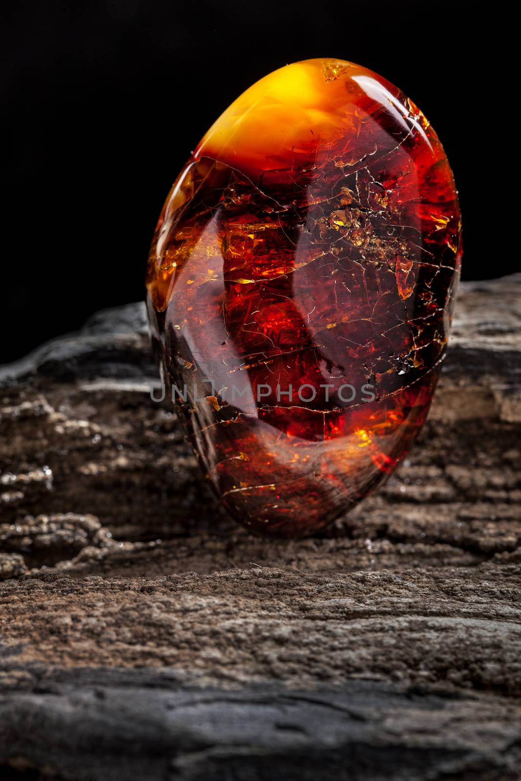 A piece of dark red semi transparent natural amber, classification color cherry or dragon blood, has cracks on its surface. Polished, oval shape. Placed on dark stoned wood texture.