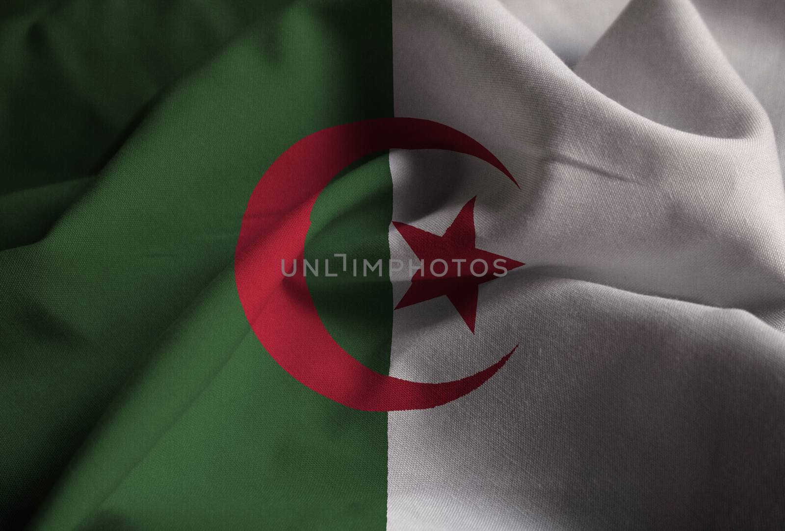 Closeup of Ruffled Algeria Flag, Algeria Flag Blowing in Wind by shaadjutt36