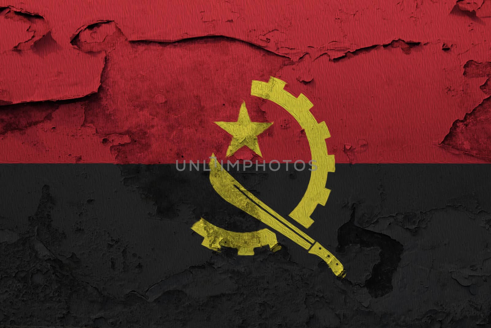 Angola flag painted on the cracked grunge concrete wall