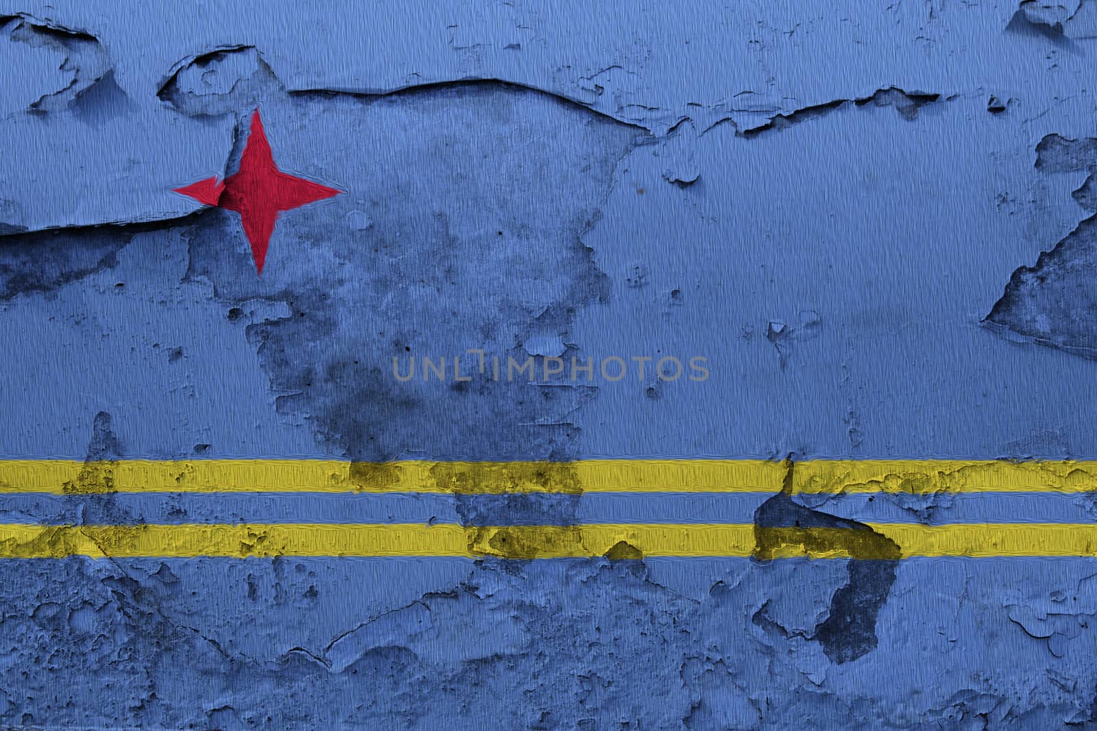 Aruba flag painted on the cracked grunge concrete wall