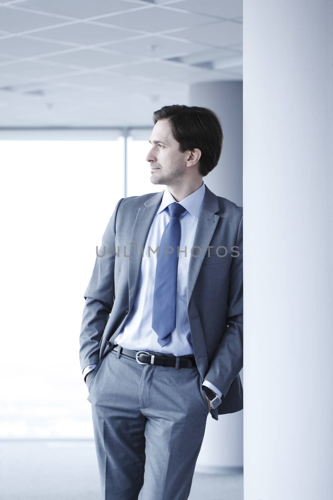 Portrait of handsome businessman standing near windows in office