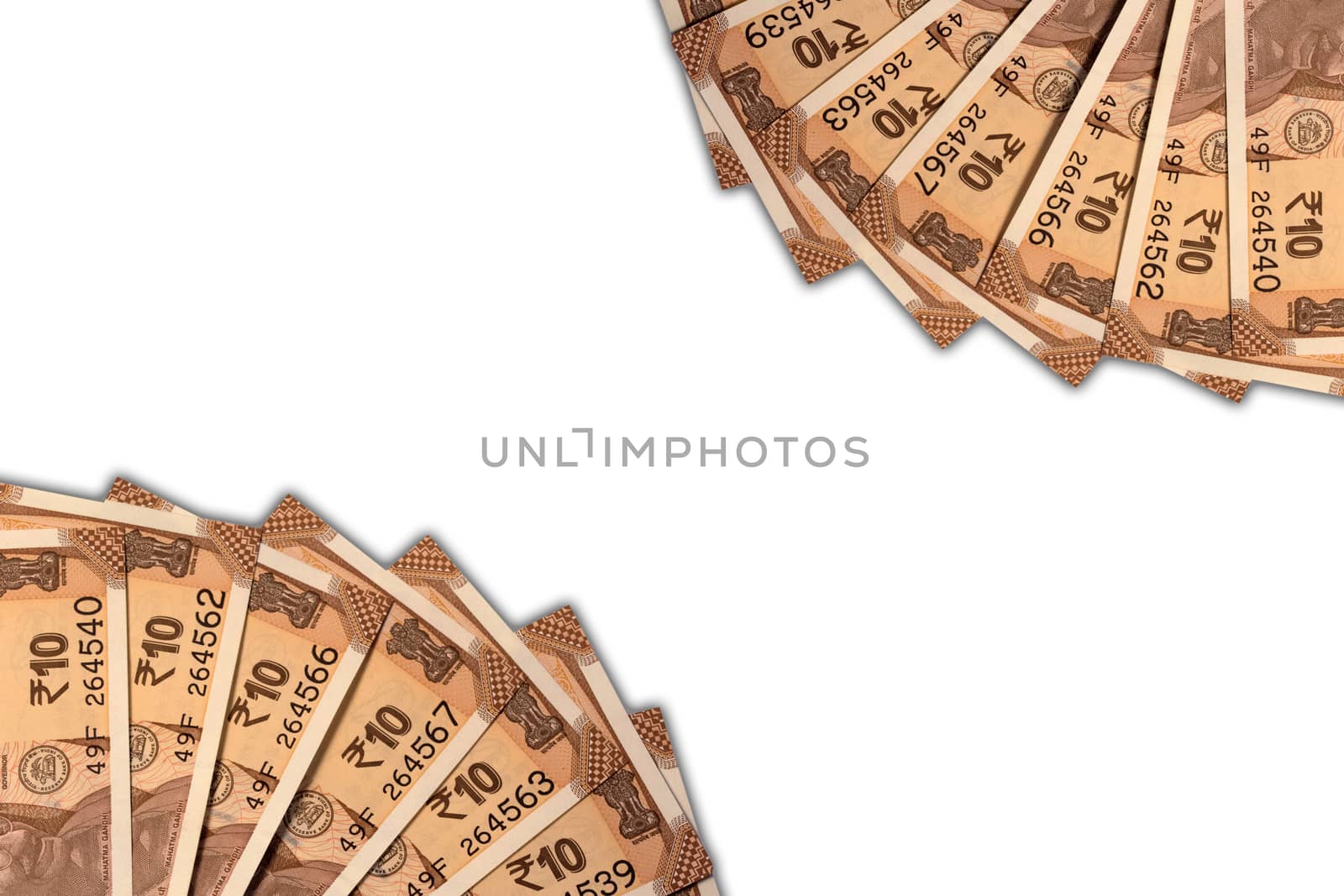 New Indian 10 rupee notes on white isolated background