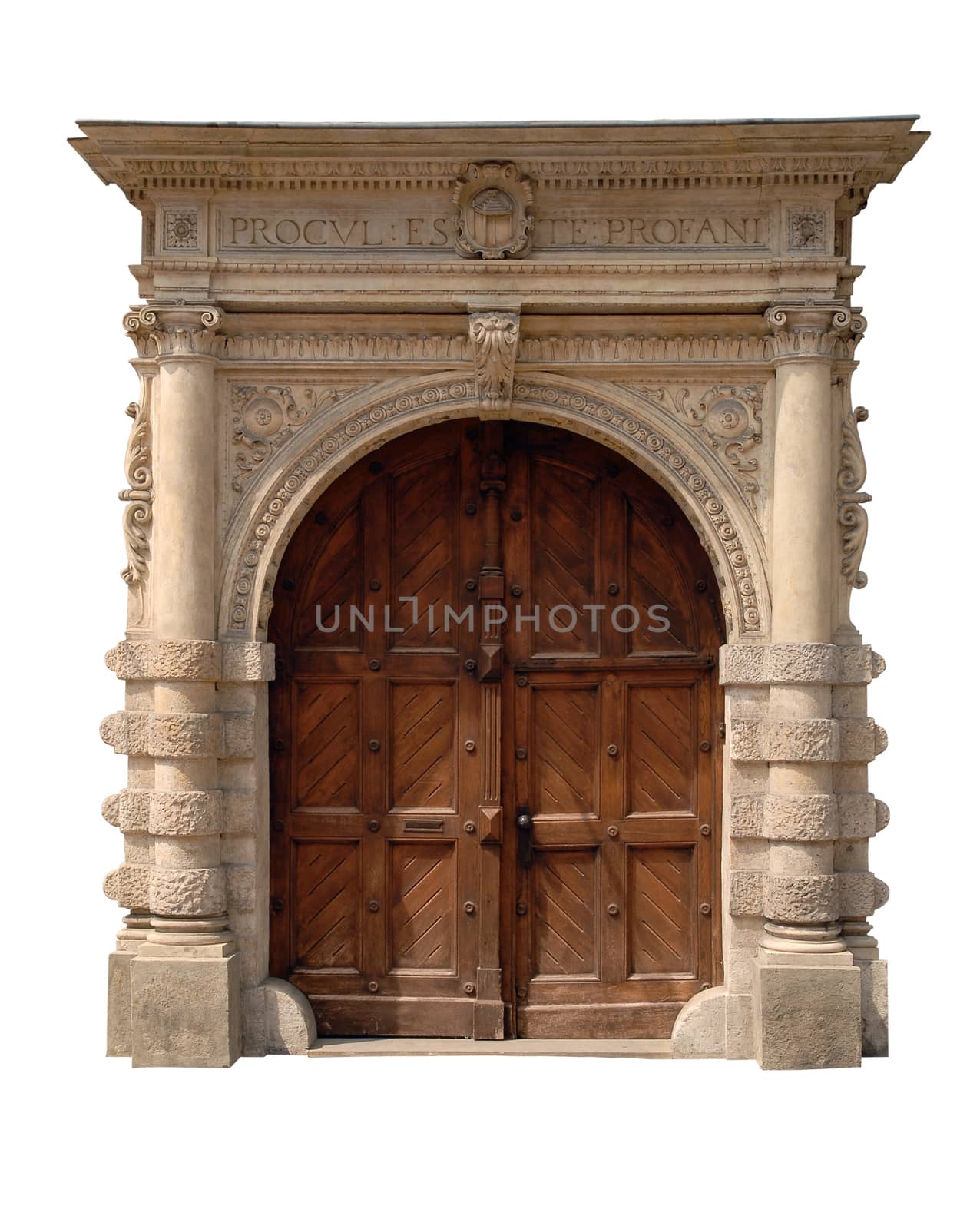 Ancient stone gate isolated with path on white background. Second path for doors.