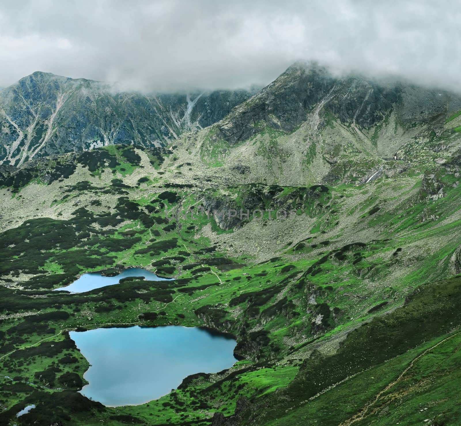 Highest part of Tatra mountains. Below "Five lakes valley". National park area. Summer time, cloudy sky. Wide angle panoramic view.