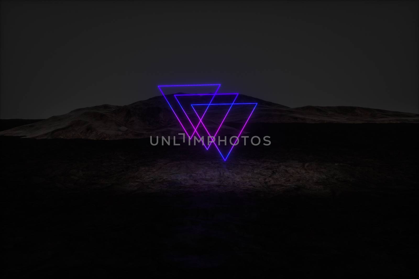 colorful glowing lines with dark mountain background, 3d rendering by vinkfan