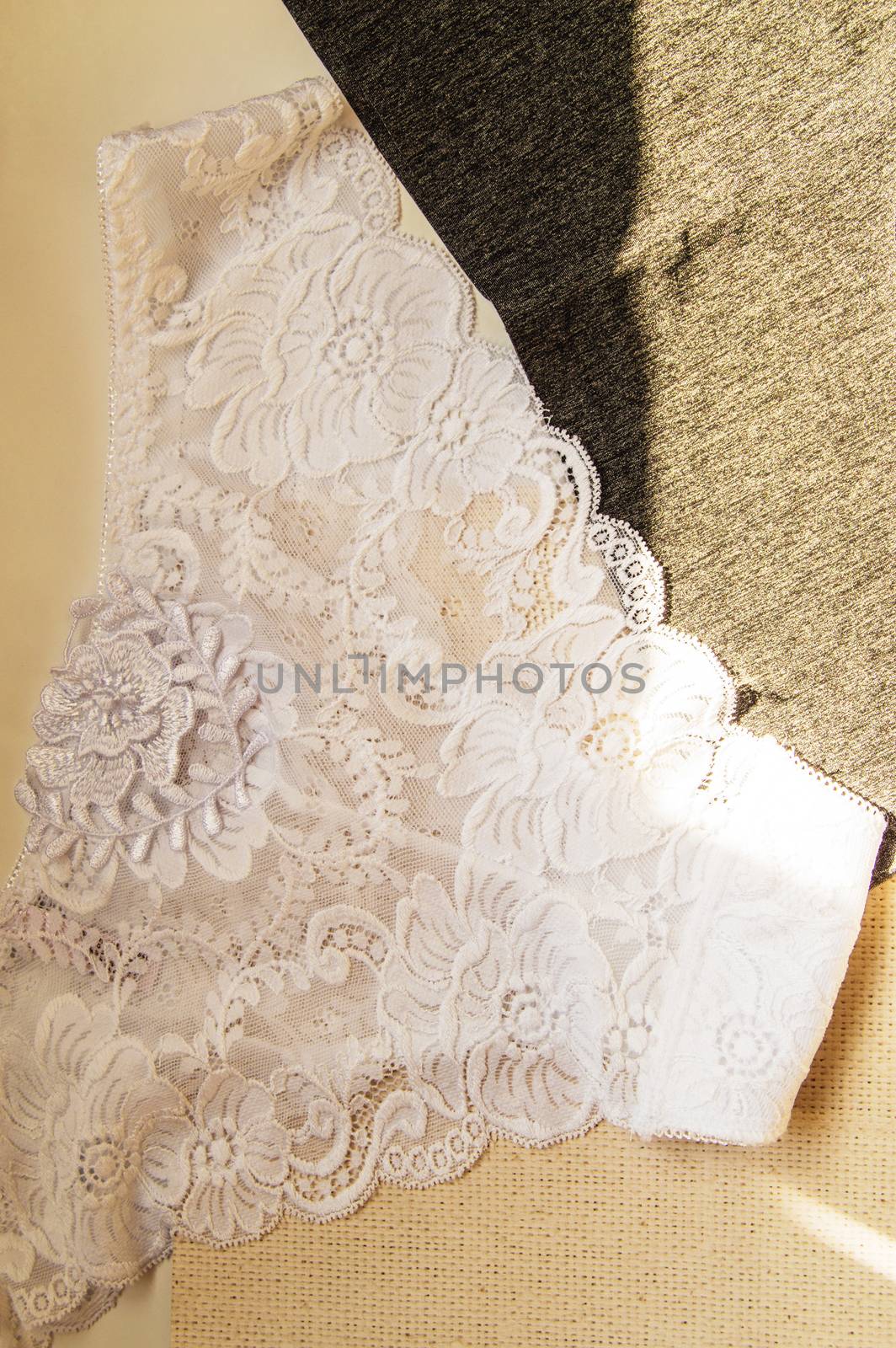 White lace sexy women's panties against the bright sunlight. Vertical shot, top view, flat lay.