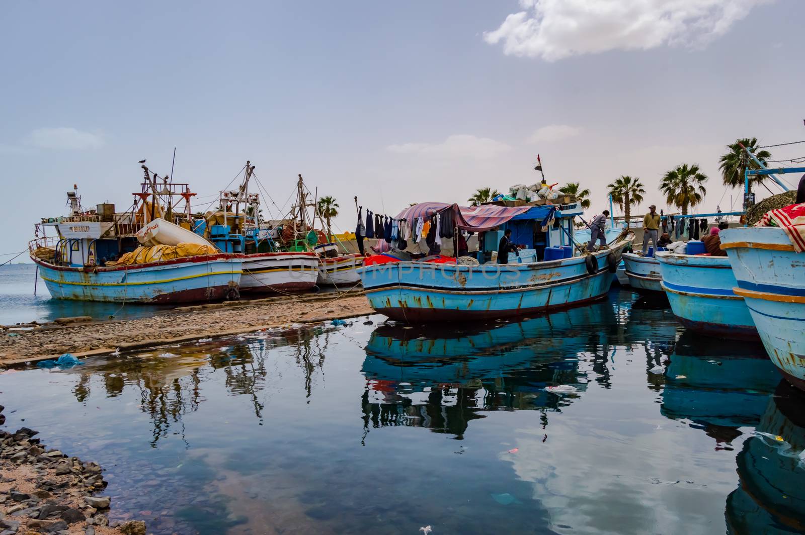 Port of fishing boats in the old marina of the city of Hurghada in Egypt