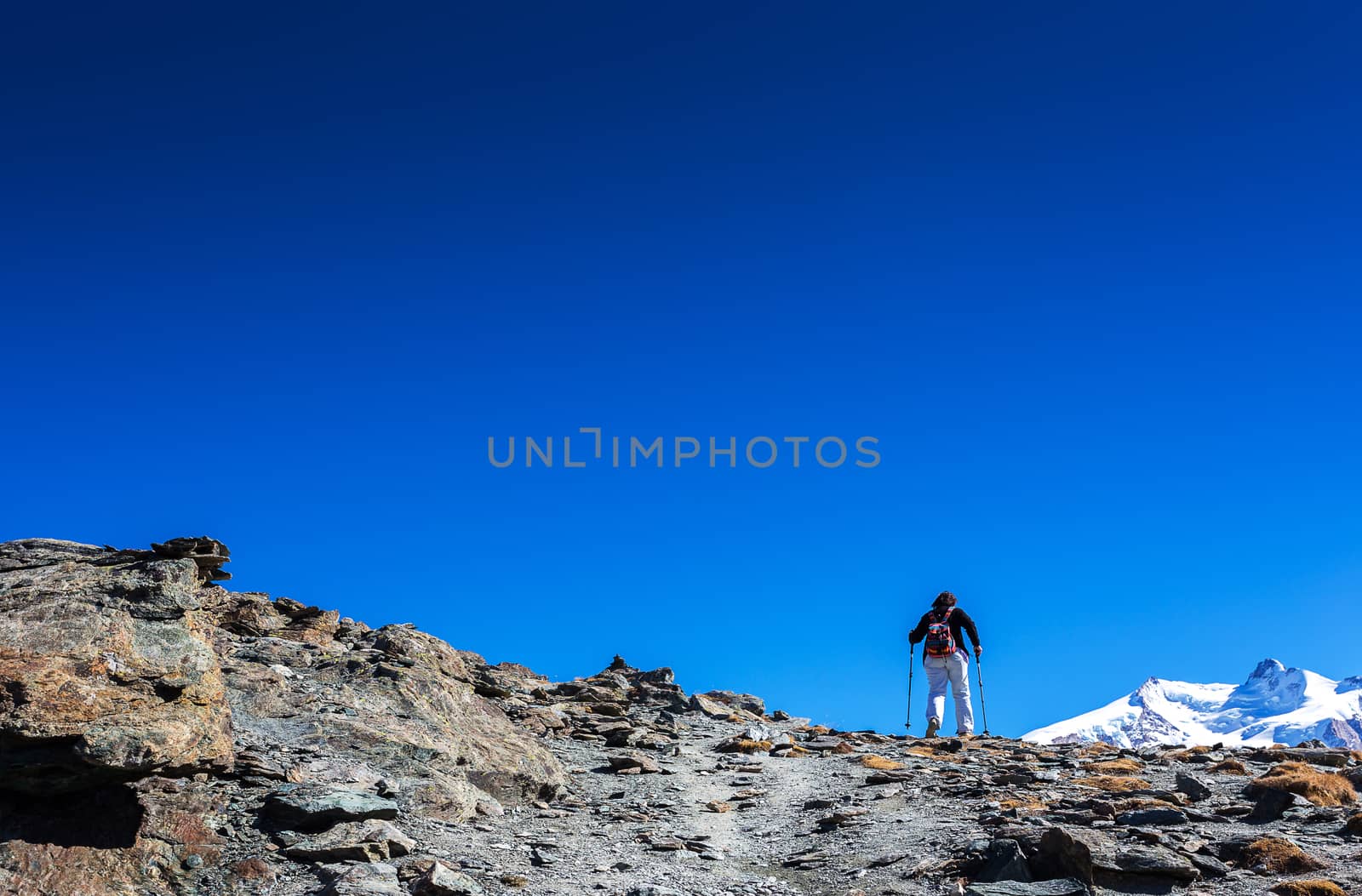 female with her backpack trek on high Alps mountain as her hobby in summer with clear blue sky near matterhorn, Zermatt, Switzerland, Europe