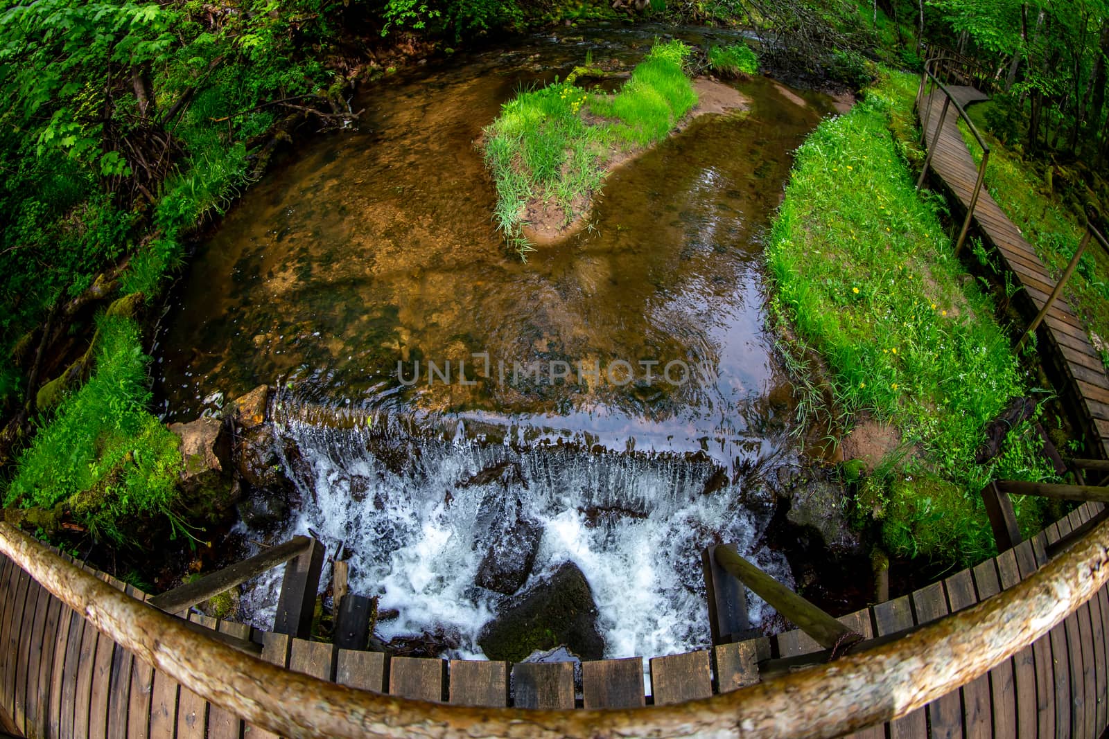 Summer landscape of the river in the woods. Wooden bridge over the river in the forest. Little waterfall in forest river in Latvia. Shot with fisheye lens. 