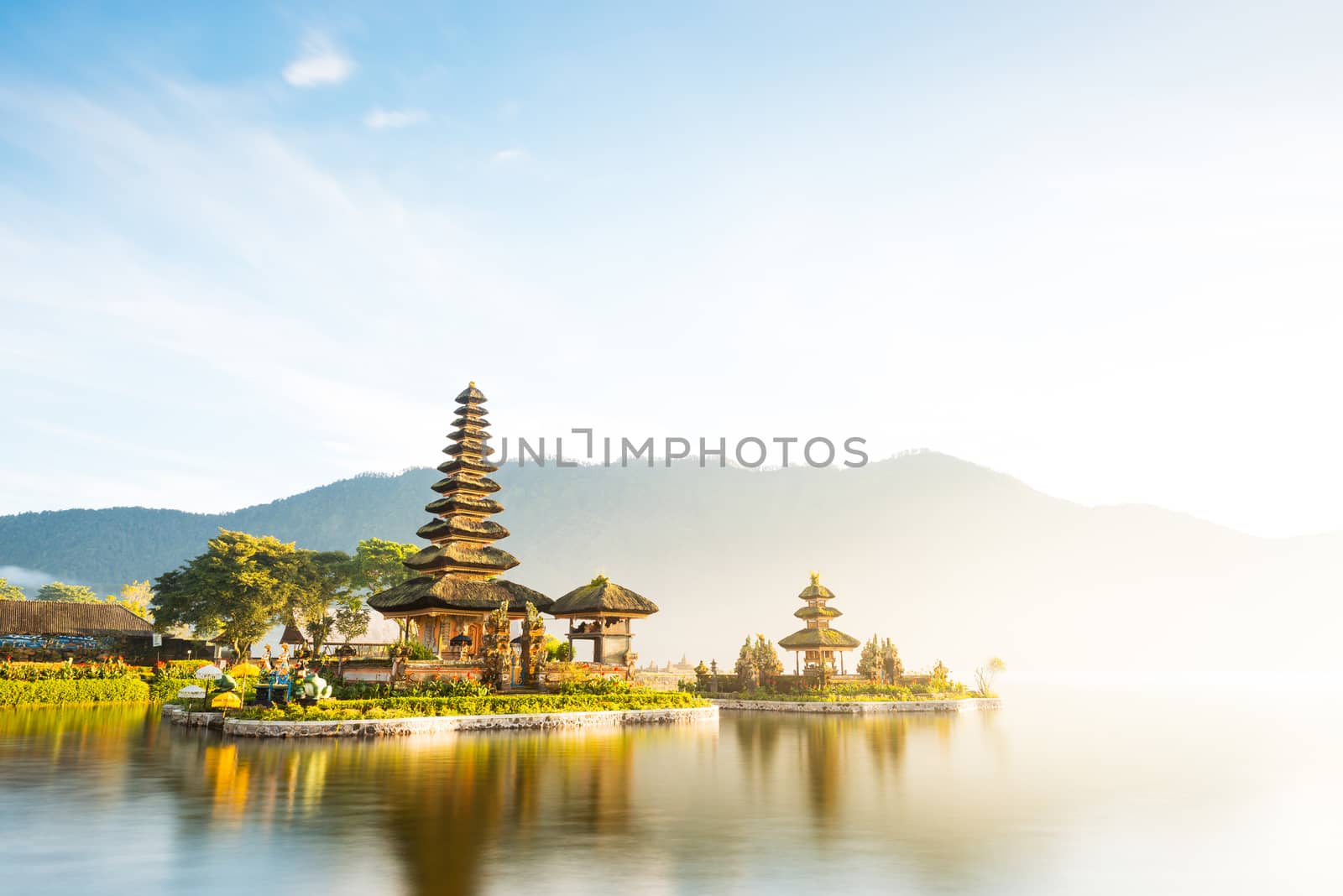 Long exposure shot of Pura Ulun Danu Beratan temple at sunrise in Bali, Indonesia