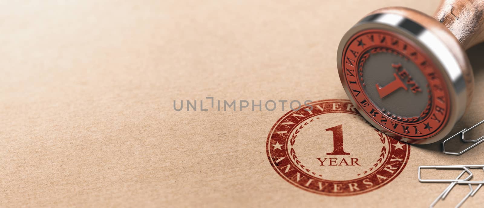 3d illustration of a rubber stamp with the text one year anniversary printed on a brown paper. First celebration card background.