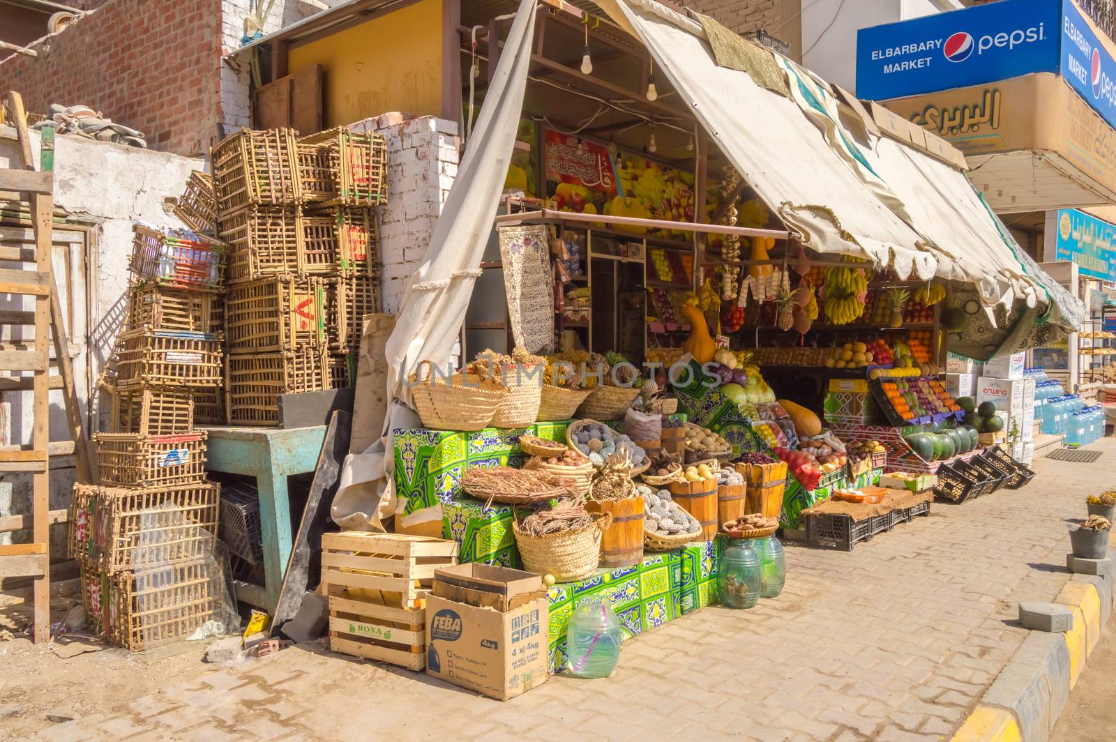 EGYPT, HURGHADA - 01 Avril 2019:Front of a fruit and vegetable shop in the city of Hurghada in Egypt