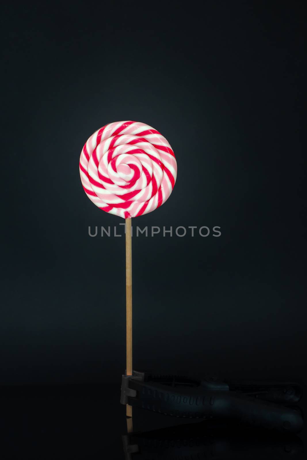 Colorful lolipop isolated on plain black background, wooden stick held bz clamp, red, rose and white spiral, childhood sweets, also unhealthy junk food concept