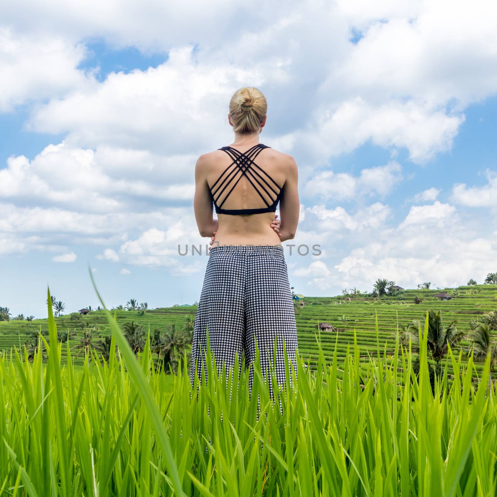 Relaxed casual sporty woman enjoying pure nature at beautiful green rice fields on Bali. by kasto