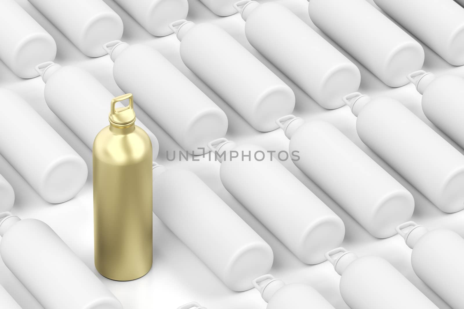 Golden bottle among other blank white bottles, concept image