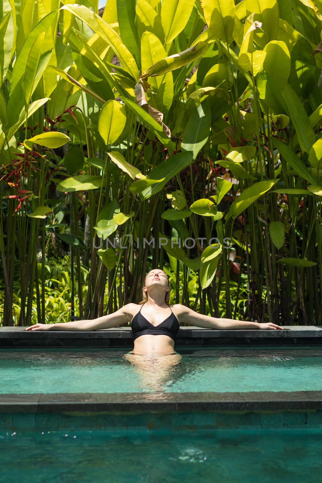 Sensual young woman relaxing in outdoor spa infinity swimming pool surrounded with lush tropical greenery of Ubud, Bali. by kasto