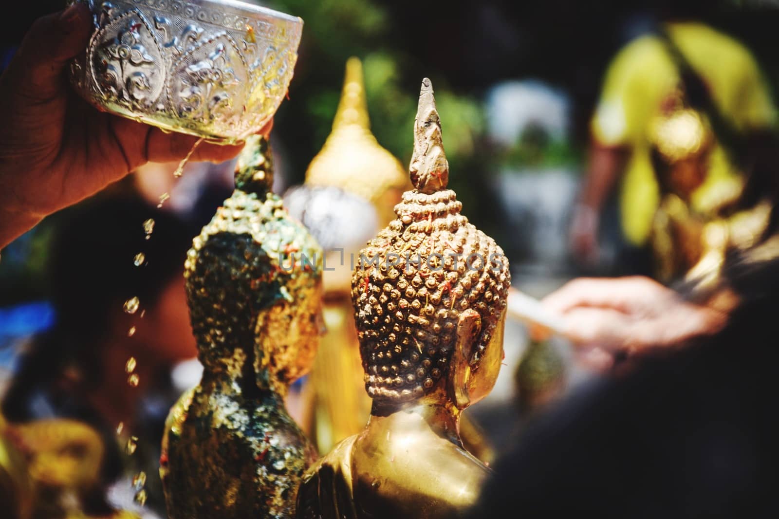 Bathing the Buddha image on Songkran Day in Thailand.