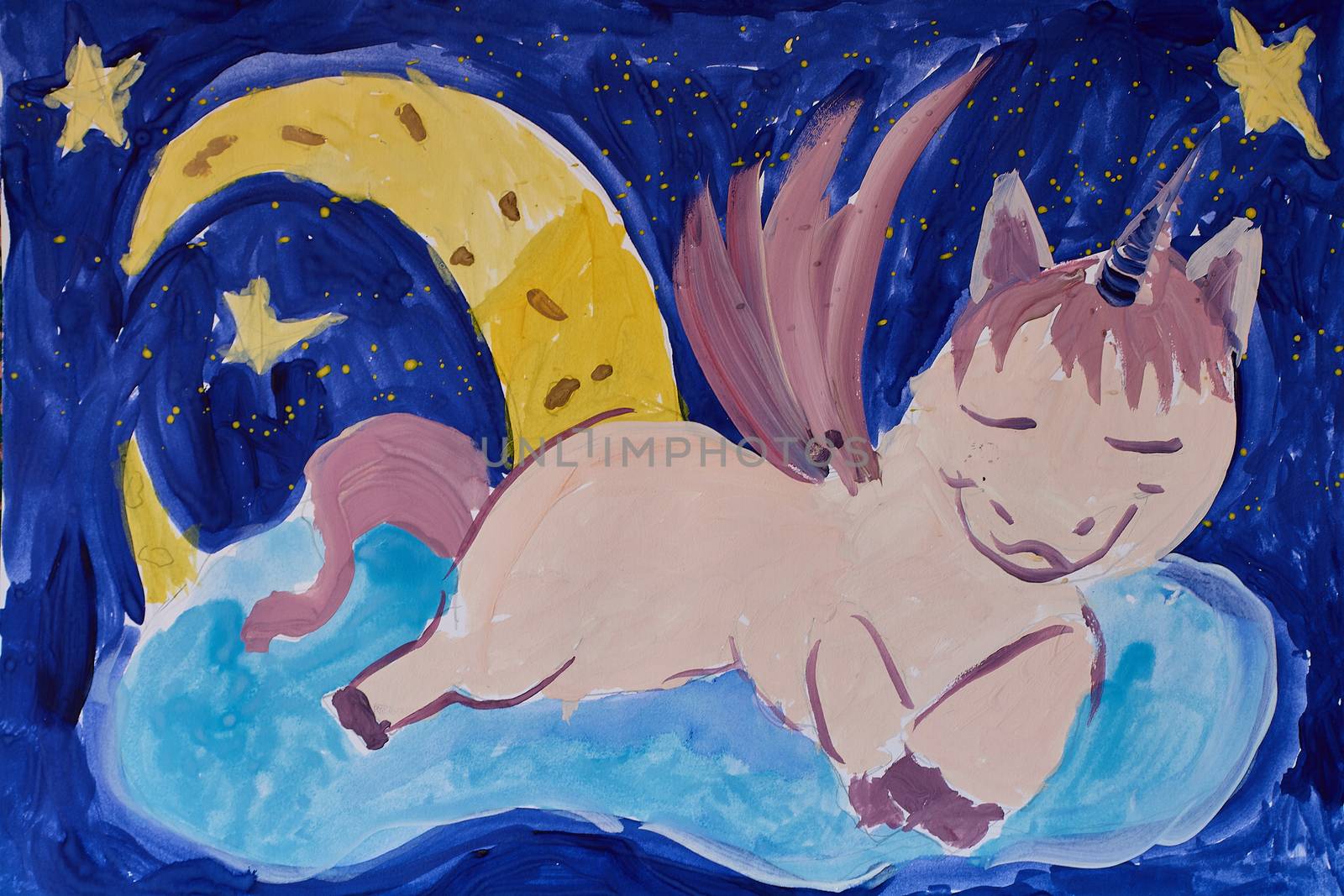 Hand made illustration of a sleeping unicorn on a cloud against the backdrop of a starry sky and a large moon.