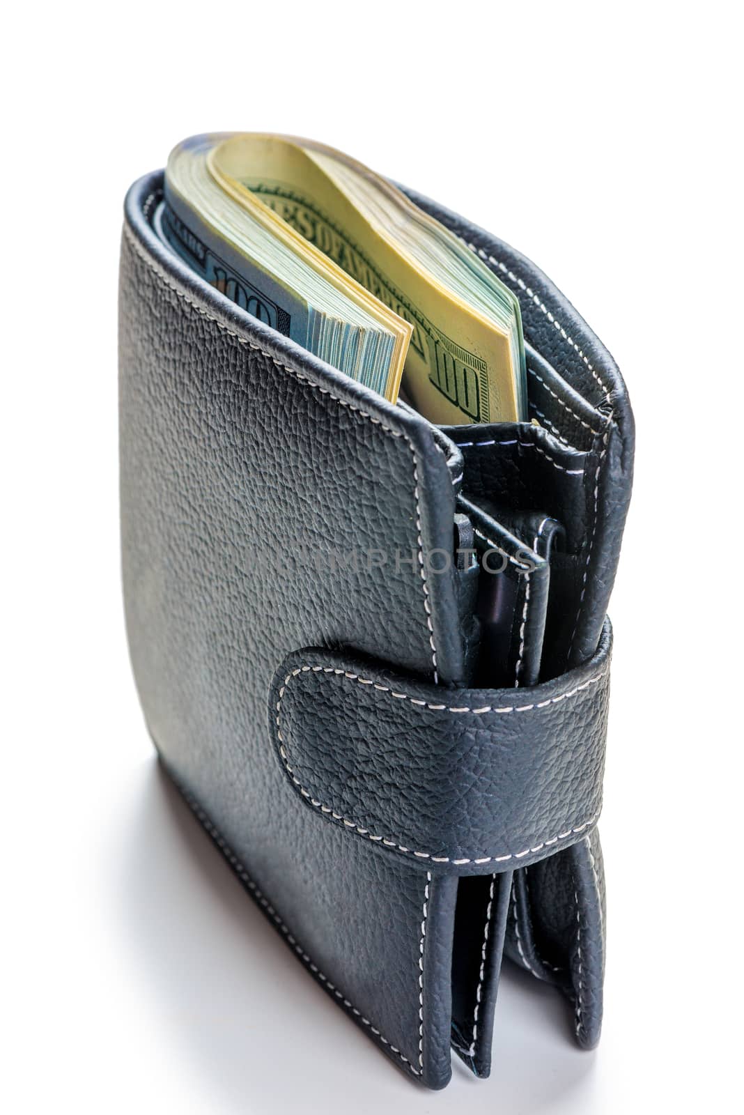close-up of a wallet full of 100 dollar bills on a white background