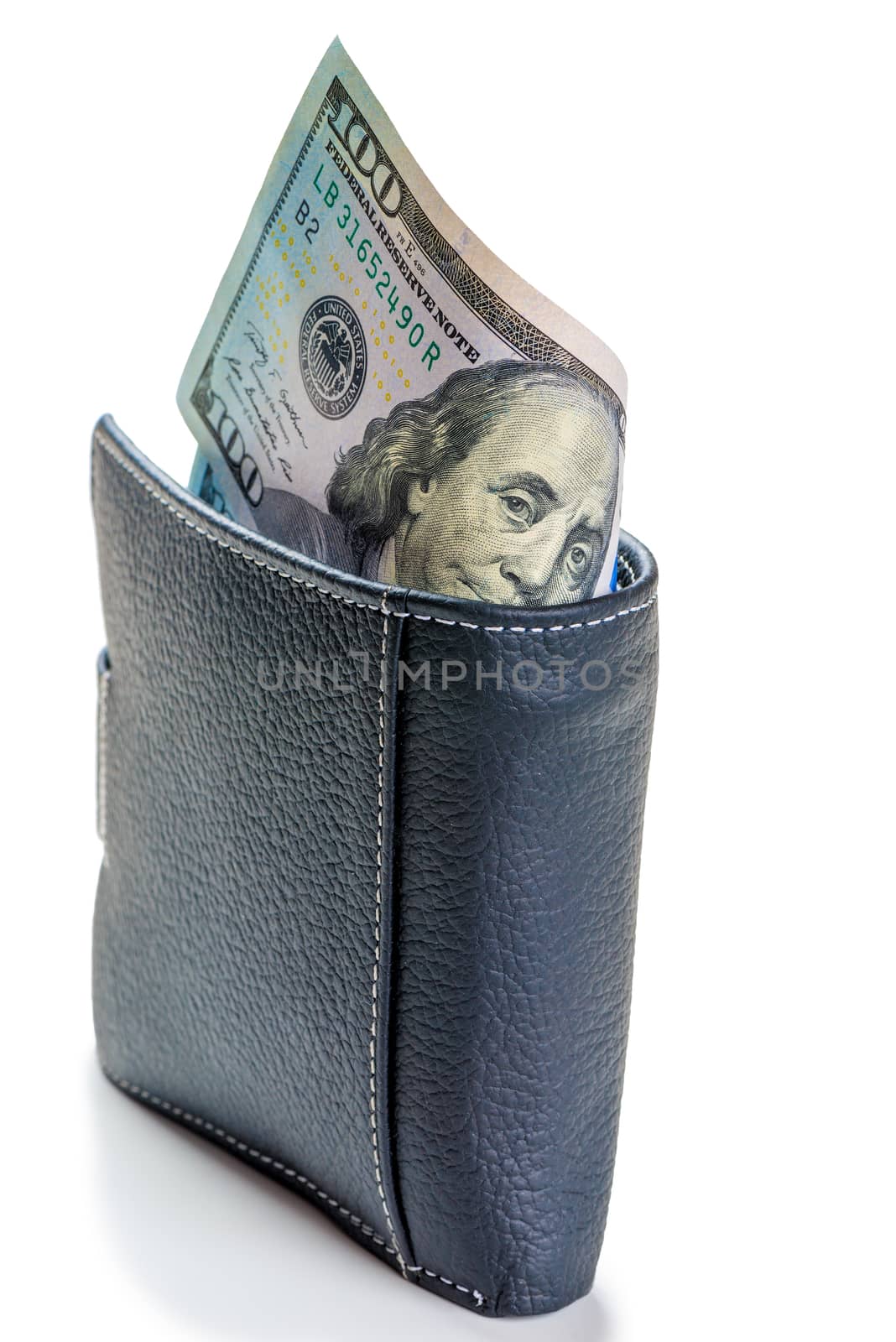 closeup black wallet full of 100 dollar bills isolated on white by kosmsos111