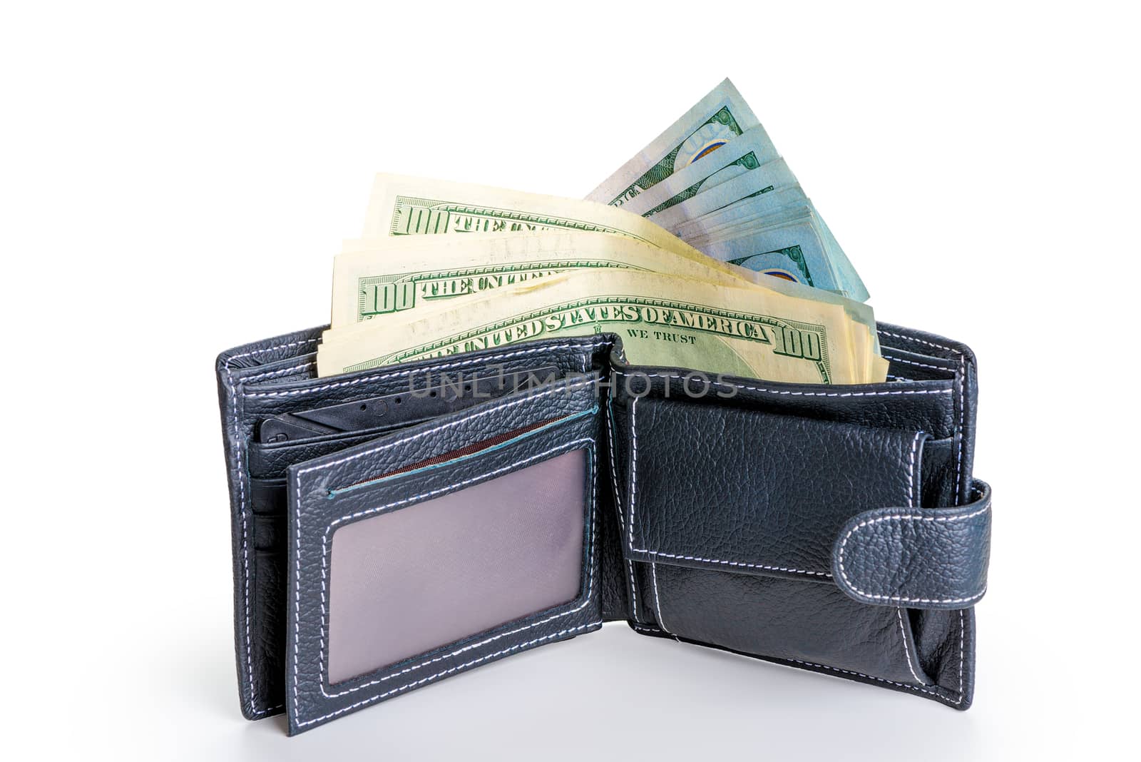 leather black wallet full of 100 dollar bills on a white backgro by kosmsos111